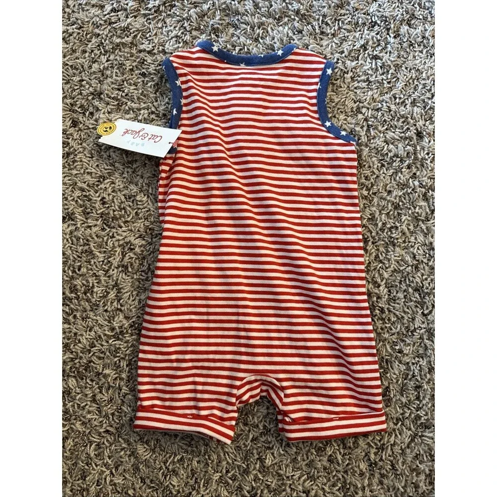 Cat & Jack 6-9M Romper Flag Patriotic Stars Stripes USA 4th July Outfit Boy Baby